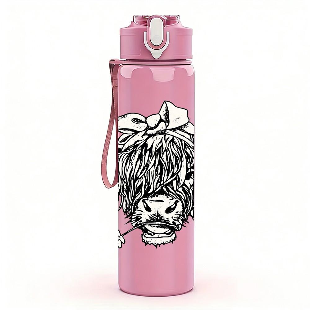1PC Bull Cow Black Sketch Animal Print 750ml Color Plastic Sports Water Bottle Leakproof Flip Straw Lid Suitable for Sports Office Home Use