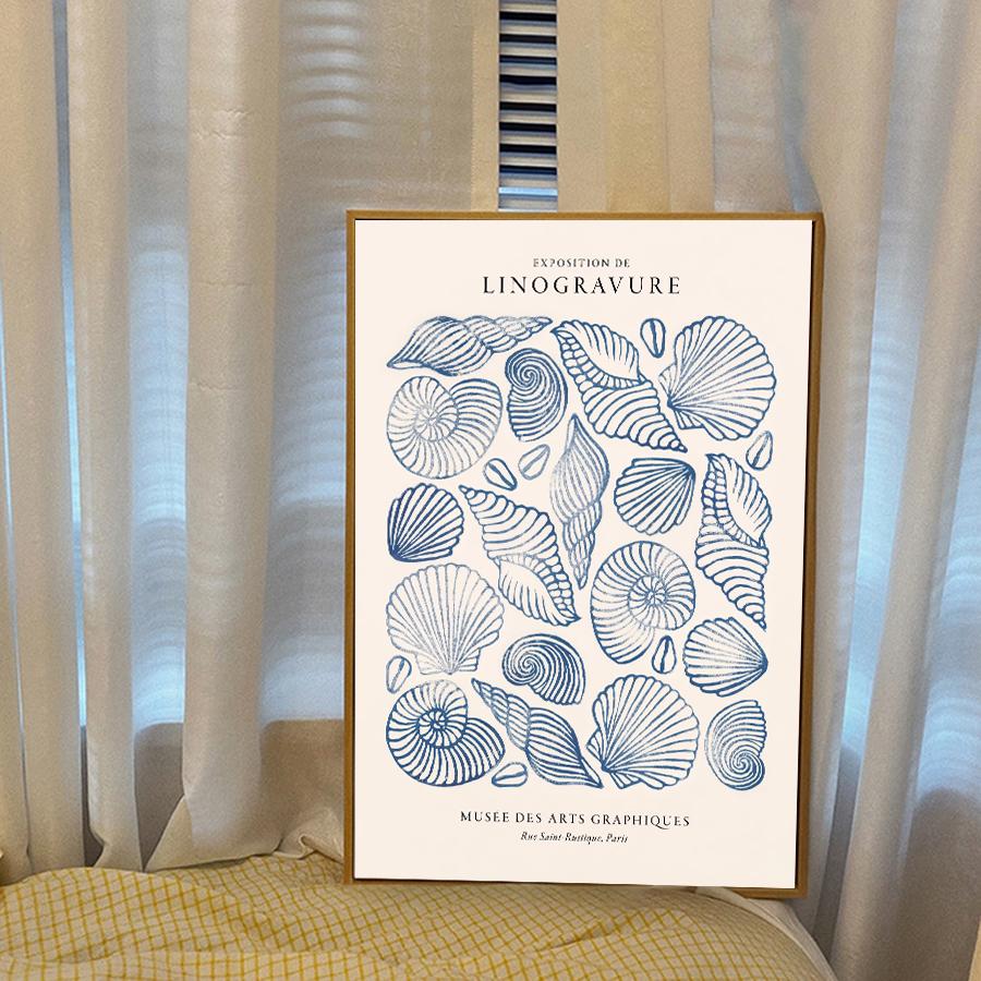 Vintage Blue Coastal Decor Posters, Conch Seashell Wall Arts Prints, Summer Ocean Themed Prints Blue Conch Posters Unframe