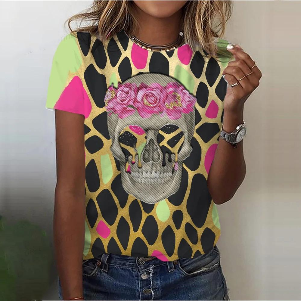 Summer Round Neck 3D Skull Pattern Printed Top Fashionable Casual Cute Short Sleeved Women's T-shirts