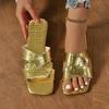 Fashion Golden Open Heeled Flat Women Shoes Soft Leather Sandals Bathroom Slippers Causal Comfortable Slides Women Beach Slippers