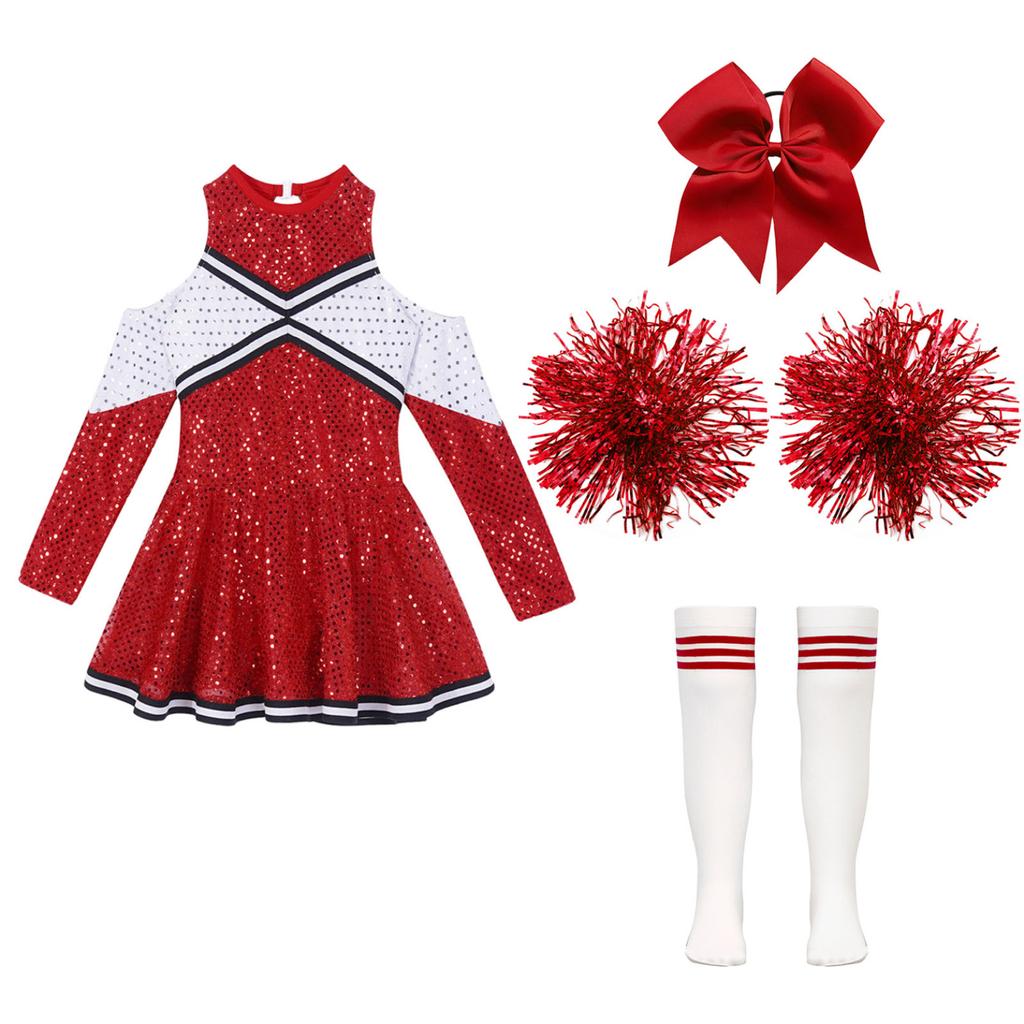 Костюм черлидинга для девочек, платье Cheer Leader с блестками и длинными рукавами, комплект с помпонами, вечеринка на Хэллоуин, день рождения