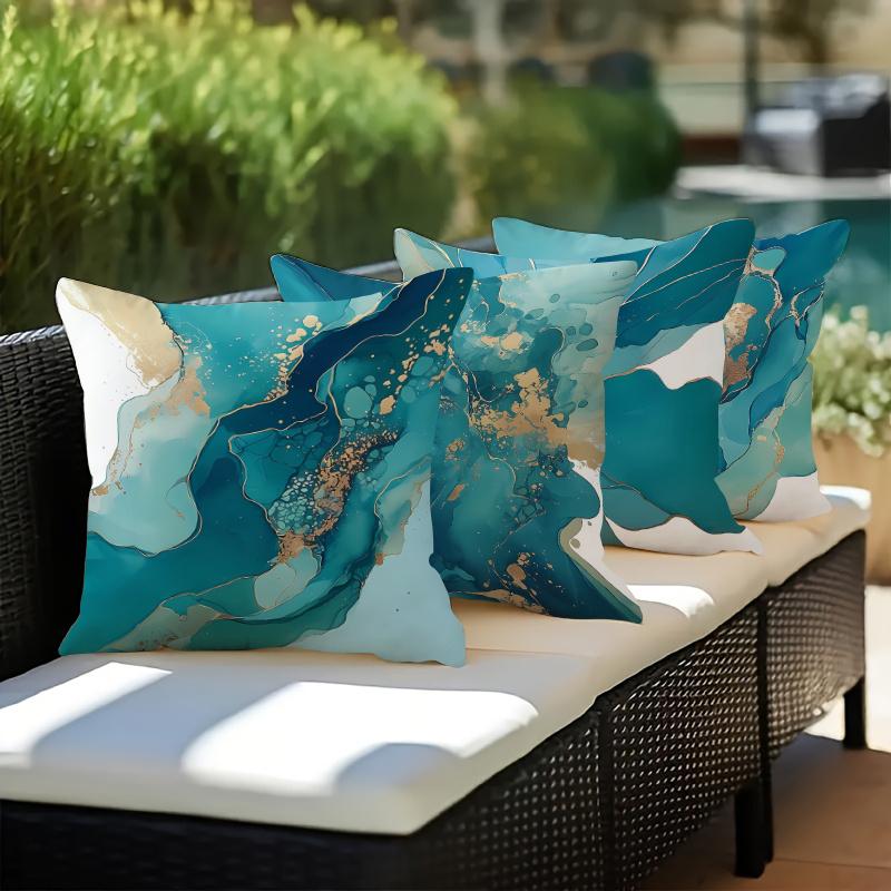 4pcs Blue-Green Golden Abstract Art Style Pillow Covers, Flowing Marble Texture Patterns, Minimalist Home Decor Cushion Cases, 3 Sizes Available, Zipp