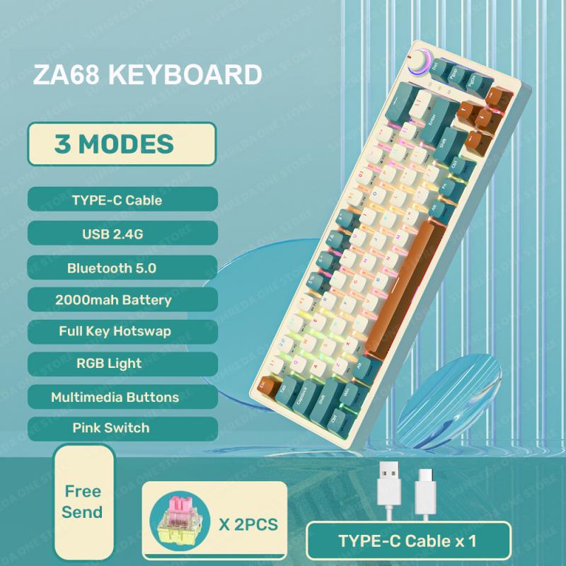 ZA68 Беспроводная механическая клавиатура для геймеров 2,4G Bluetooth TYPE-C Проводная 3-режимная игровая клавиатура Горячая замена RGB с подсветкой 68 клавиш