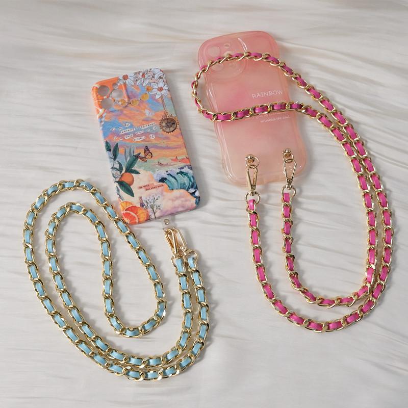 New Phone Accessory Long Cellphone Chain Anti Lost Universal Metal Leather Shoulder Neck Crossbody Phone Strap Case Holder Chain