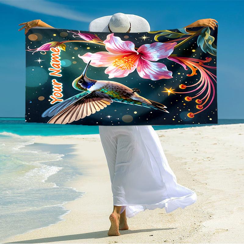 1PC Custom Name Hummingbird Flower Magic Beach Towel Highly Absorbent And Sand-Resistant Towel for Swimming, Pool, Yoga, And Travel Lightweight