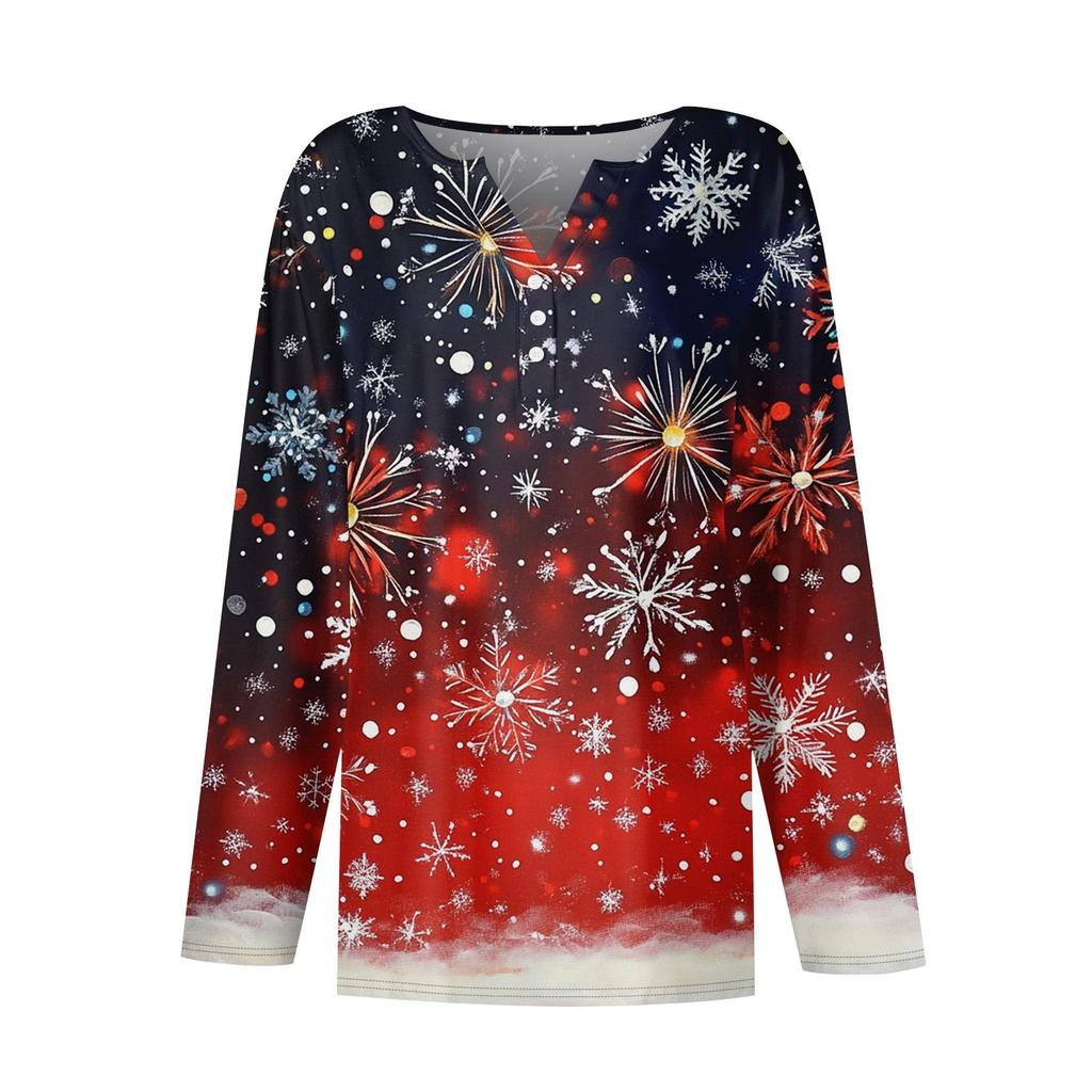 Женская футболка с рождественским принтом на пуговицах с длинным рукавом, повседневная, выходного дня, модная, базовая, с V-образным вырезом, обычная