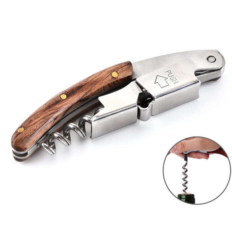 Kitchen Wine Bottle Opener Wood Handle Corkscrew Open Easy Stainless Steel Knife