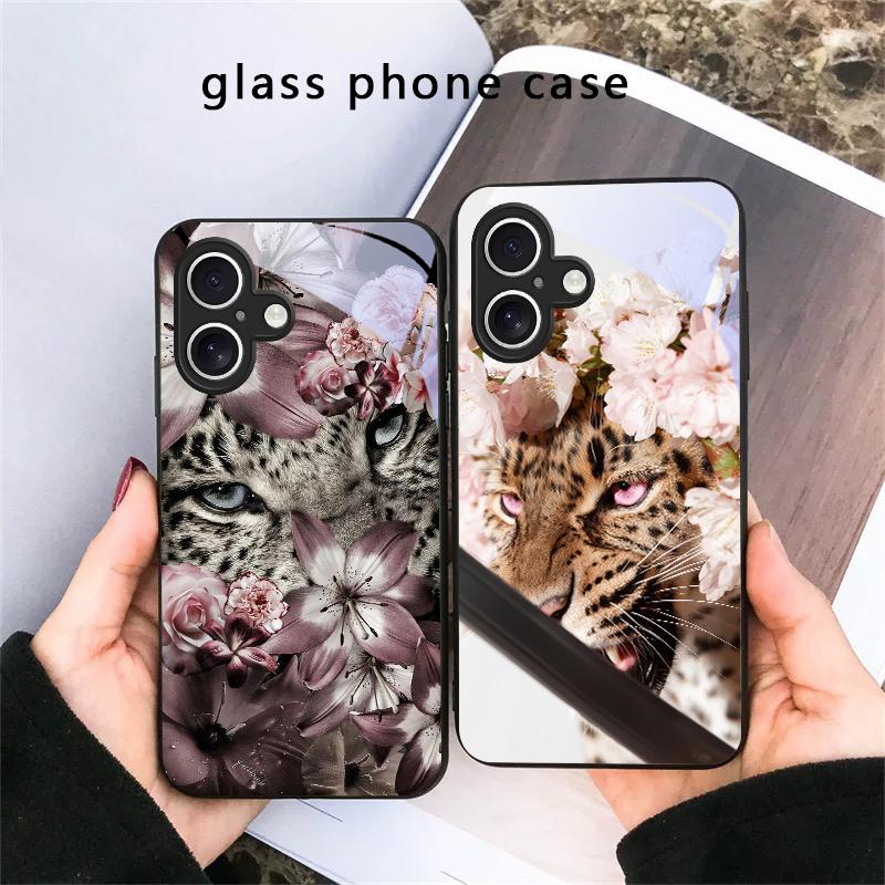 Цветочный Леопардовый Тень Для iPhone 17 Air 16 E 15 Plus 14 Pro Max 13 12 mini 11 5 6 7 8 Plus XR XSMax SE Черный Стеклянный Чехол для Телефона