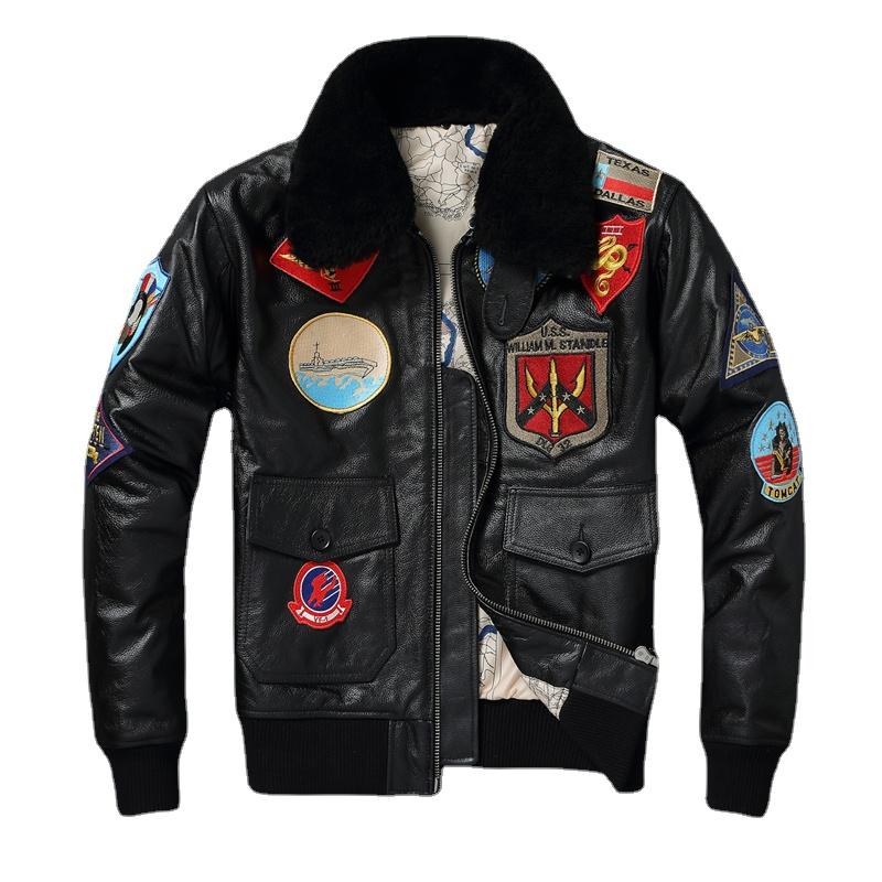 Топ G1 из натуральной воловьей кожи, мужская кожаная куртка со съемным меховым воротником, летный костюм, куртки для мужчин, военное пальто-авиатор, зимнее