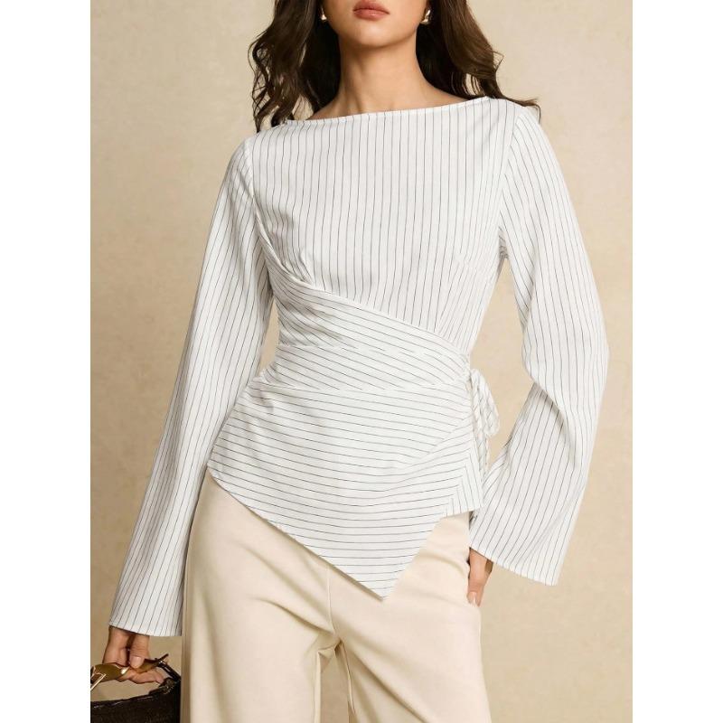 Women S Long Sleeve Striped Irregular Waist Design Shirt