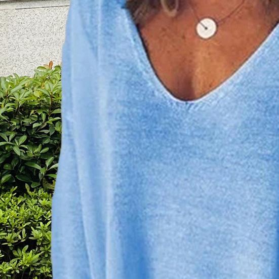 Женская футболка с V-образным вырезом и длинным рукавом, свободная футболка, однотонная, дышащая, повседневная, пуловер, топы, повседневная одежда