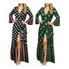Women's Summer Wrap Maxi Dress Long Sleeve Deep V-Neck Dot Printed Lace Up Dress Split Flowy Beach Long Dress