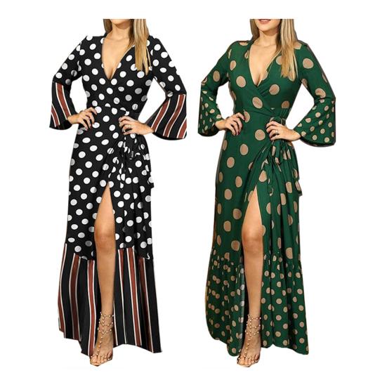 Women's Summer Wrap Maxi Dress Long Sleeve Deep V-Neck Dot Printed Lace Up Dress Split Flowy Beach Long Dress