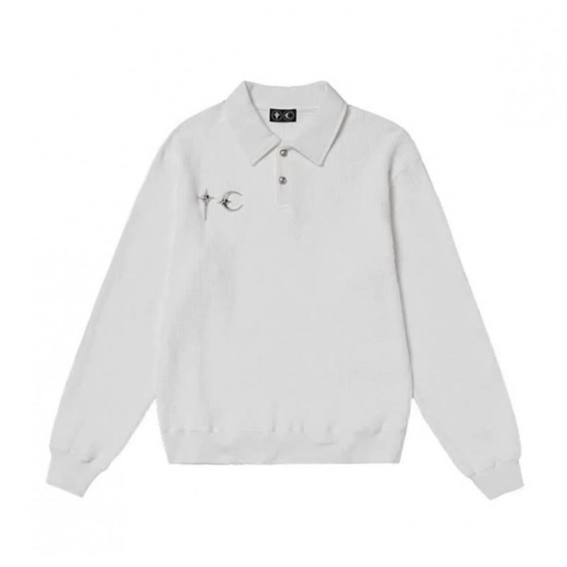 Mens Oversized Cotton Long Sleeve Polo Shirt With Metallic Star Moon Casual Streetwear