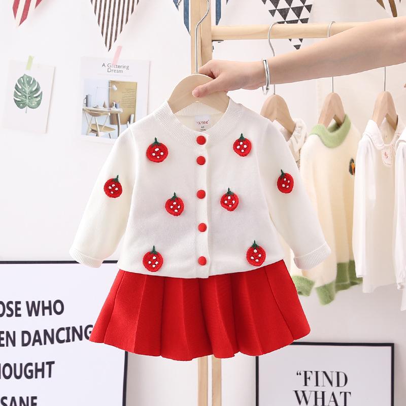 Girls Long Sleeve Knitting Suit Christmas Autumn Winter Girls Sweater Cardigan Knitting Top + Skirt Two Piece Set