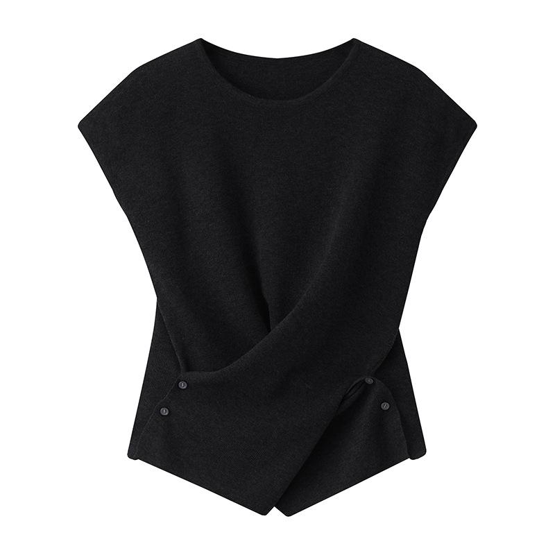 French Round-neck Knitted Sweater, Summer Thin Sleeveless, Slimming and High-end Top, Short-sleeved Women's T-shirt with A Straight Shoulder
