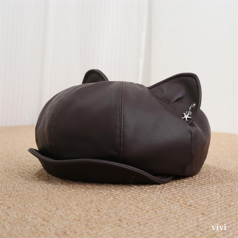 Pu leather starfish cat ear tide cool cloud octagonal hat children autumn and winter new retro soft brim beret