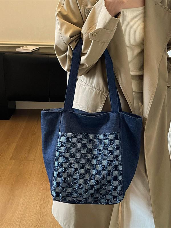 Зима 2025 Клетчатая Сумка из Вареного Денима с Вышивкой - Большая Вместительная Сумка через Плечо