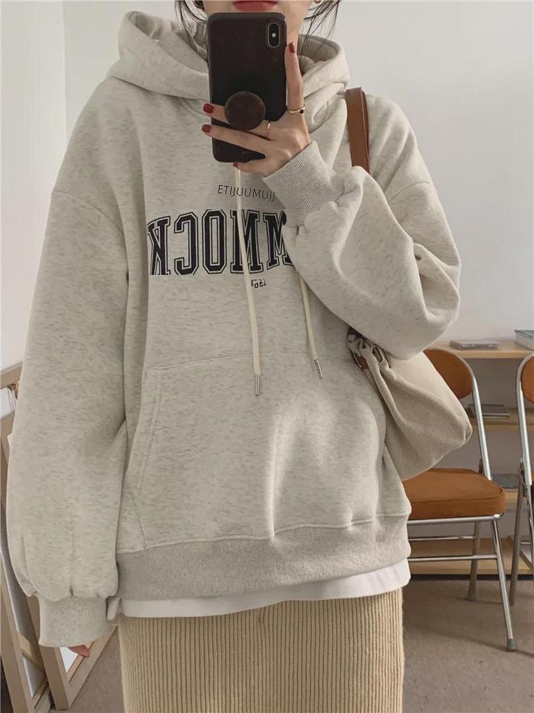 Women's Plush Hooded Sweatshirt – Loose Fit, Letter Print, Trendy Korean Style for Autumn/Winter