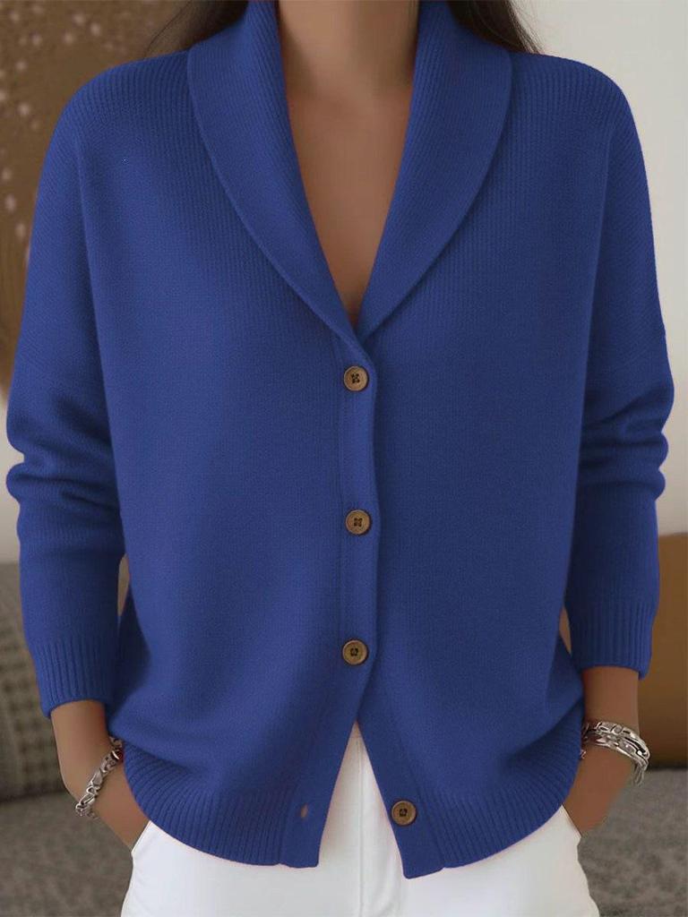 2026 European & American Autumn/Winter Women's Knit Cardigan - Loose, Lazy Style, Lapel, Buttoned, Plain Long Sleeve Sweater