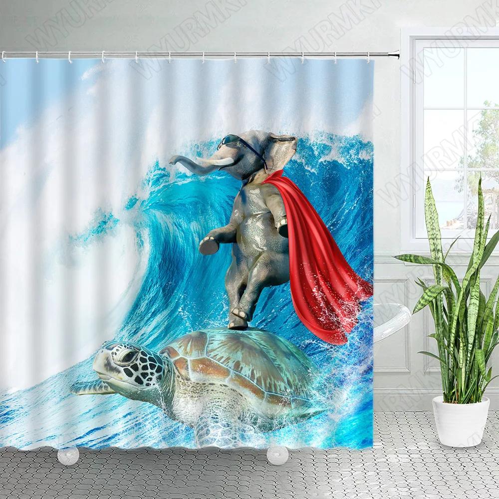 Креативные Занавески для душа с животными Купающийся медведь Морские волны Акулы Кошка Динозавры Забавный дизайн Ткань Декор для ванной Набор занавесок для ванной