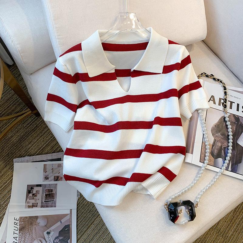 Женская одежда Укороченный топ с полосатым узором, свитер с воротником, универсальный трикотажный топ с коротким рукавом для весны и лета