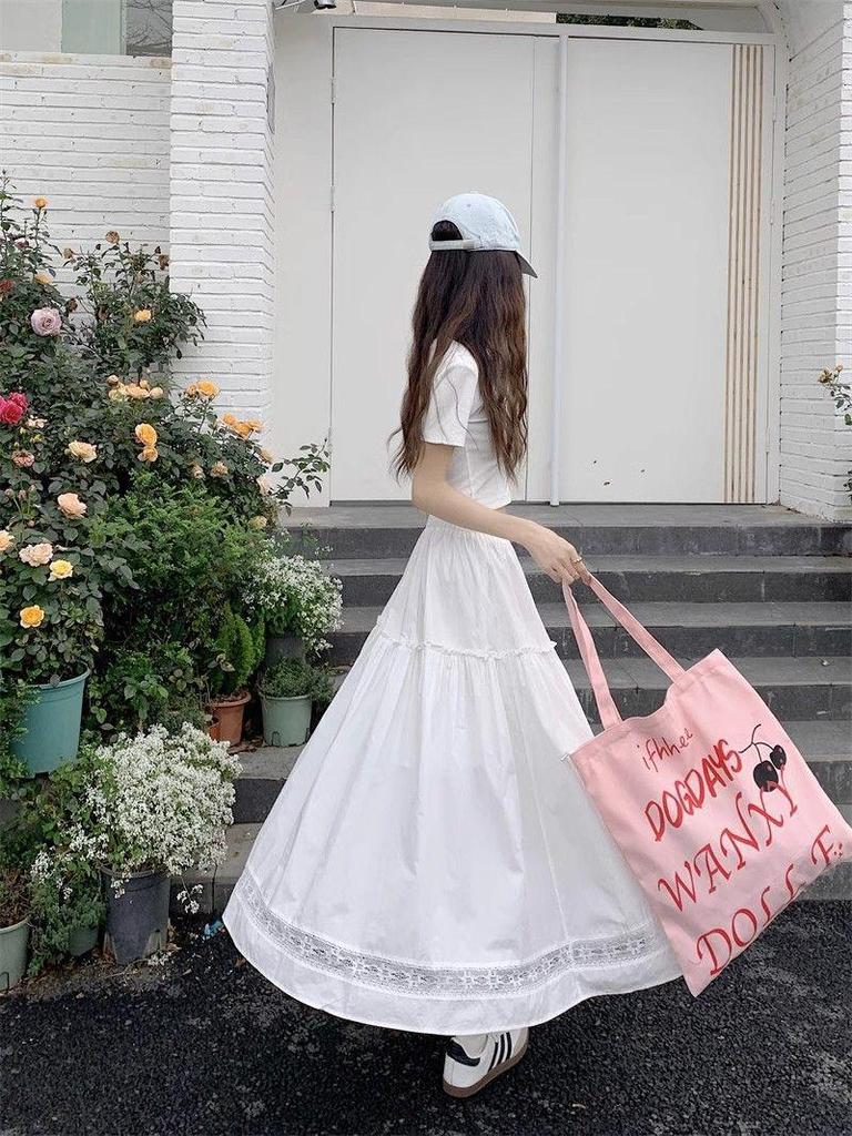 Женская летняя белая юбка А-силуэта с полым кружевом - Высокая талия, Повседневная, Длинный расклешенный дизайн