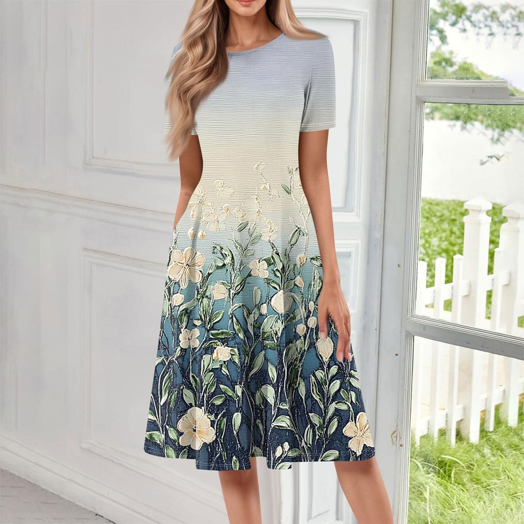Женское свободное повседневное и модное платье с круглым вырезом и короткими рукавами, средней длины с принтом