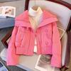 Womens Short Puffer Jacket 2026 Winter Warm Thick Cotton-Padded Coat Loose Fit Stand Collar Black Rose Red