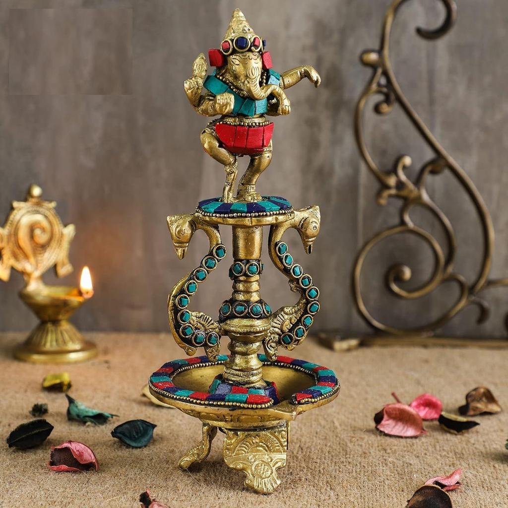 Новый 8-дюймовый танцующий Ганеша драгоценный камень работа латунное масло Diya, латунные Diyas для дома, Diyas для новоселья,