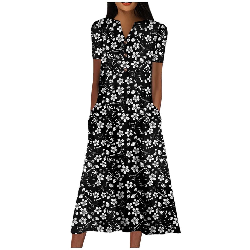 Women's V-neck Short Sleeve Dress Polka Print Casual Dress With Pockets
