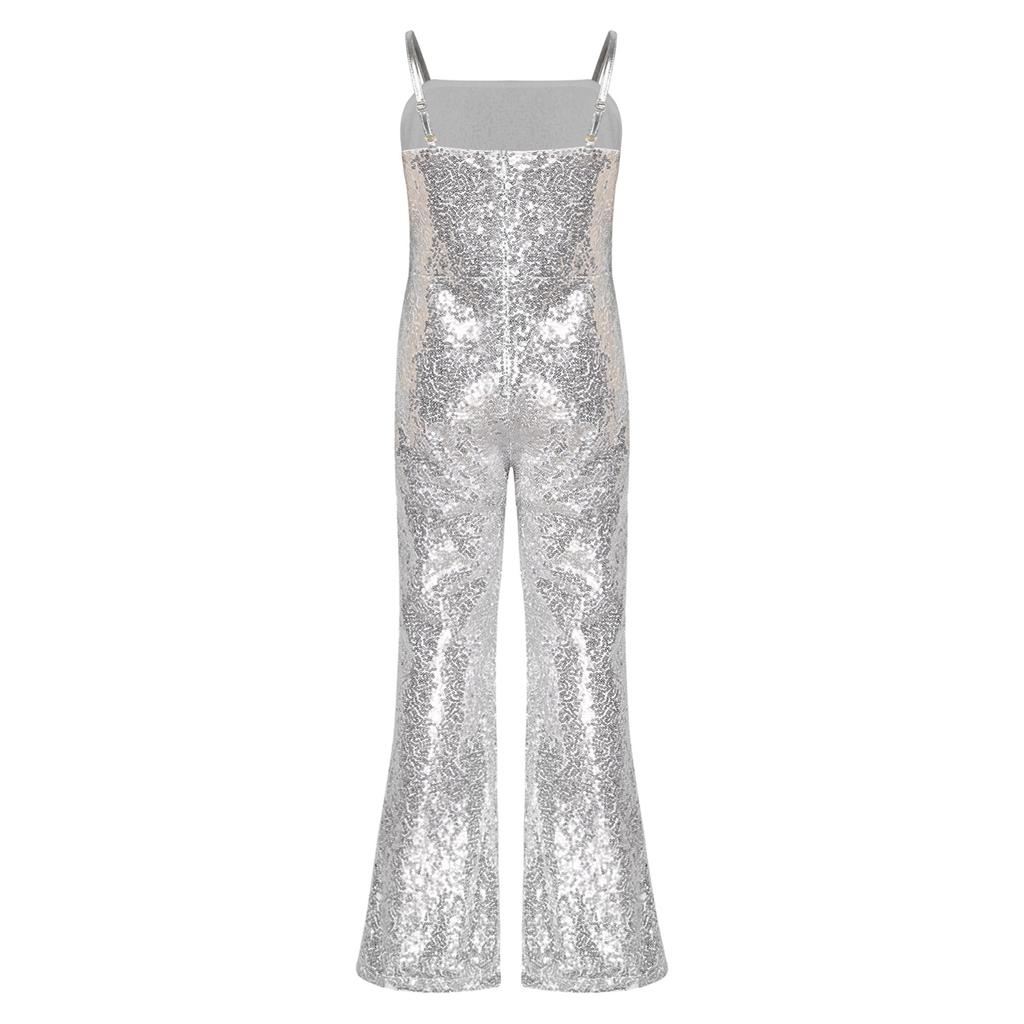 Girls Character Cosplay Costume Spaghetti Straps Bell Bottom Shiny Sequins Zipper Jumpsuit Movie Role Play Dress