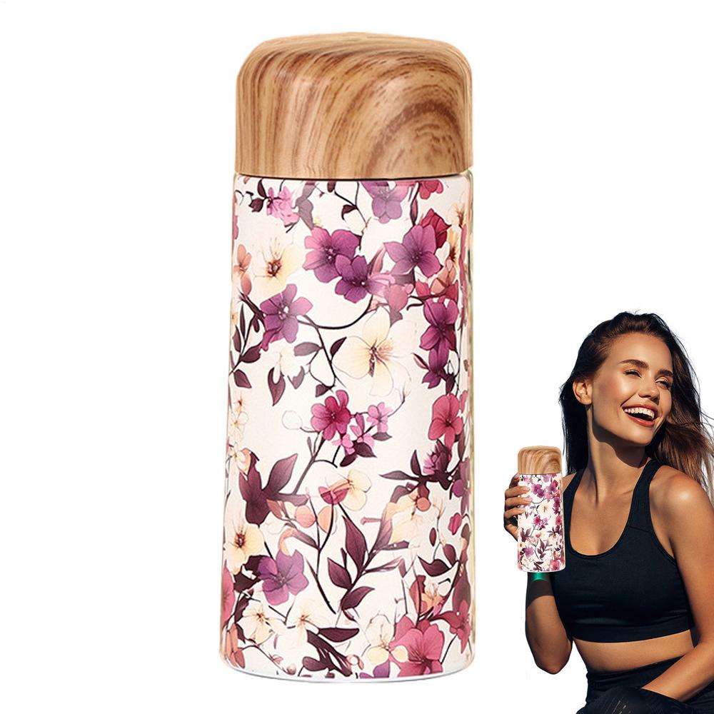 Vacuum Insulated Water Bottle Insulated Water Bottle with Wood Grain Lid Portable Drinking Cup Leak-Proof Travel Mug for Women