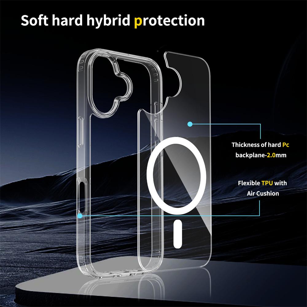 For iPhone 17 Magnetic Case 2.0mm Scratch Resistant TPU+PC Clear Phone Cover