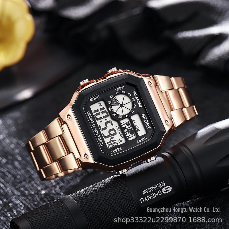 Мужские модные светодиодные светящиеся квадратные электронные часы со стальным ремешком