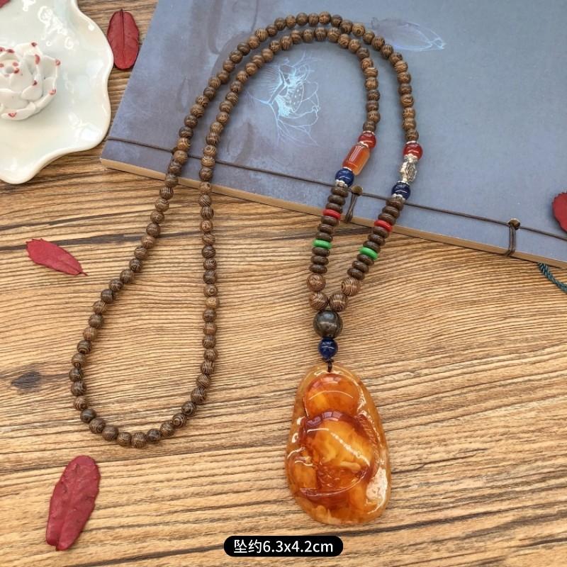 Ретро куриное крыло дерево второе поколение старое восковое ожерелье мужчины и женщины универсальный янтарный кулон длинная цепочка для свитера кулон