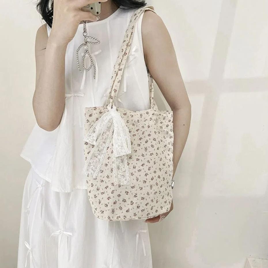 French Style Bow Lace Ribbons Bag Large Capacity Women's Tote Bag New Flower Shoulder Bag Lady