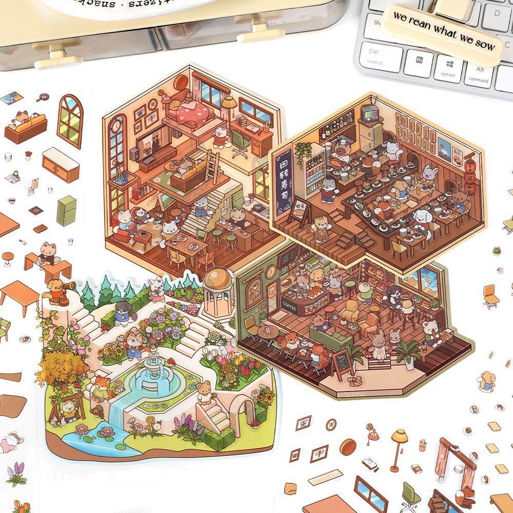 Forest Village 3D Landscape Sticker Paper Multi-functional Cabin Scene Game Stickers Gift