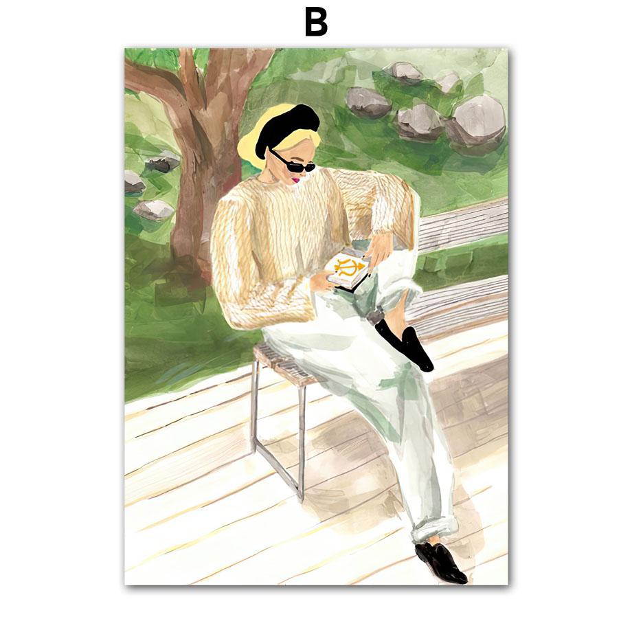 Путешествия Пейзаж Настенное Искусство Кофе Женщина Чтение Бассейн Лист Холст Картина ПостерыПечать Картины Для Гостиной Интерьер Комнаты Декор