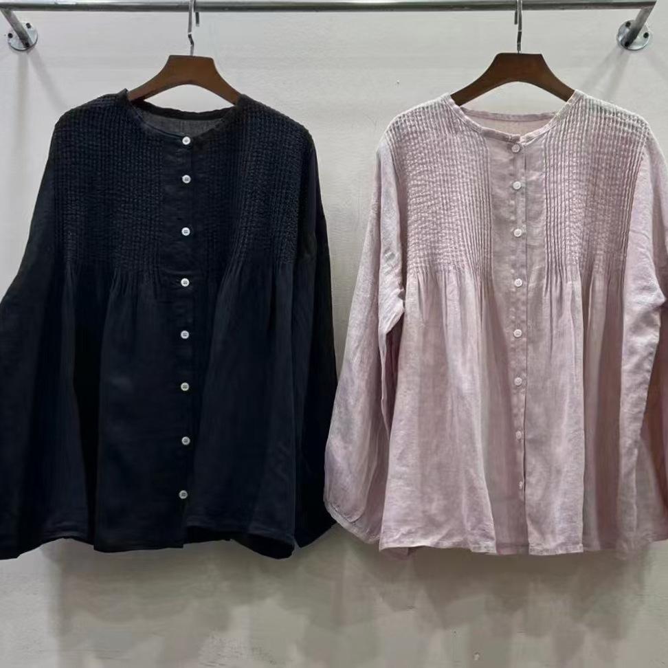 1116 Spring New Women's Crew Neck Japanese Pleated Top Shirt Loose Shirt Linen Pleated Single-breasted Long Sleeve
