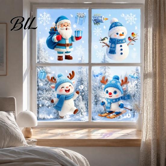 Holiday Glass Decals Christmas Static Sticker, Santa Claus Snowman Reindeer Window Snowflake Pattern Sticker Cling, Reusable Waterproof Decorative