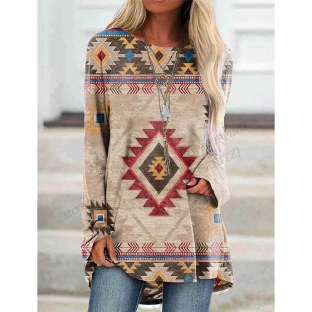 Этническая футболка с 3d принтом, женские модные футболки, повседневные топы с длинными рукавами, футболки с графическим принтом, свободные винтажные футболки в стиле Харадзюку