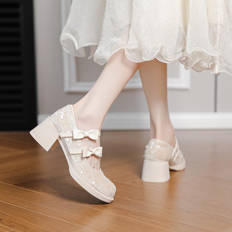 High-heeled Mary Jane women's shoes 2025 spring and autumn new round head thick heel butterfly sequins light mouth word with black single shoes