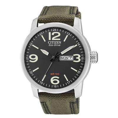 Хаки Холст x Кожа Военная Модель BM8470-11E Eco-Drive На Солнечной Батарее Мужские Часы, Зеленый, Ремешок, [Б/У]