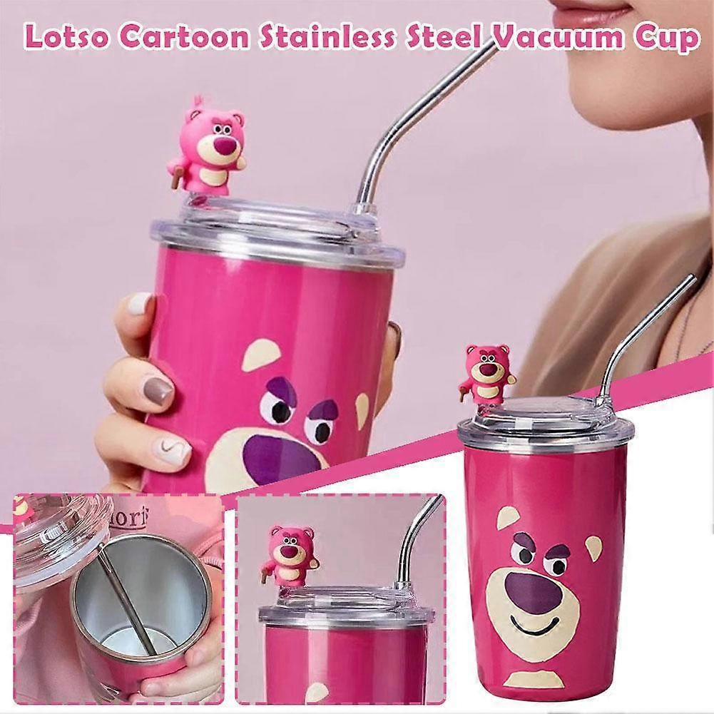 480Ml Stainless Steel Strawberry Bear Insulated Mug, Office Hand-Held Coffee Cup, Straw, Girlfriend Gift