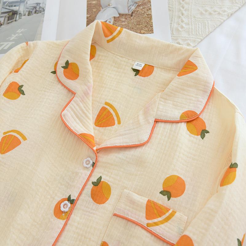 Весна и осень Новые женские пижамы из чистого хлопкового крепа с длинными рукавами и длинными брюками большого размера, свободный комплект домашней одежды, лето