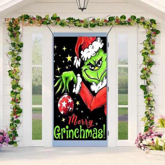 1 комплект гобеленов для гаражных ворот с 4 застежками-лентами в рождественском стиле с принтом Гринчи из мультфильма, создающий праздничную атмосферу для украшения фона для новогодней вечеринки