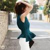 Sleeveless Peplum Blouse with Round Belted and Ruffled Solid J-Scott Women's Neck, Waist, Hem, Green, JS151-GR-L