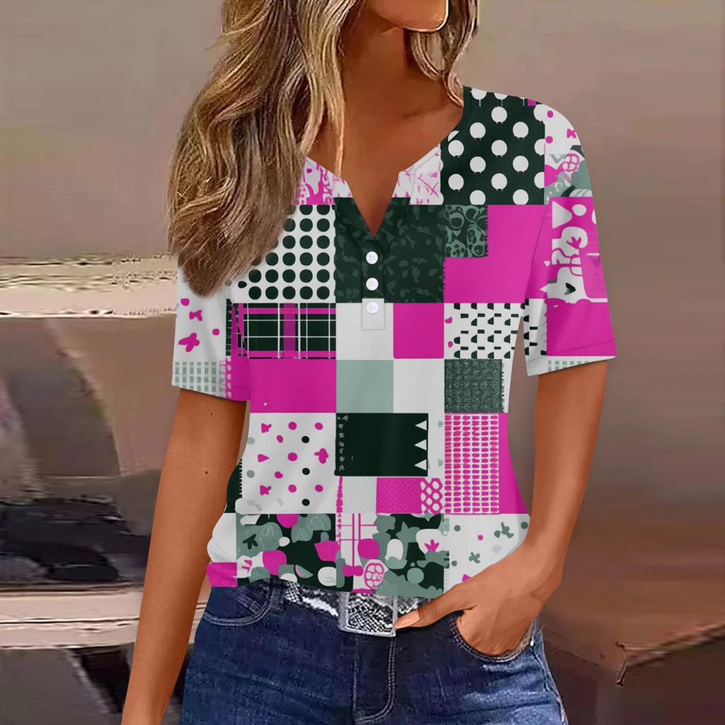 Жен. Футболка С принтом Пуговицы С короткими рукавами Повседневные Выходные Мода Классический Классический V-образный вырез Обычный Топ