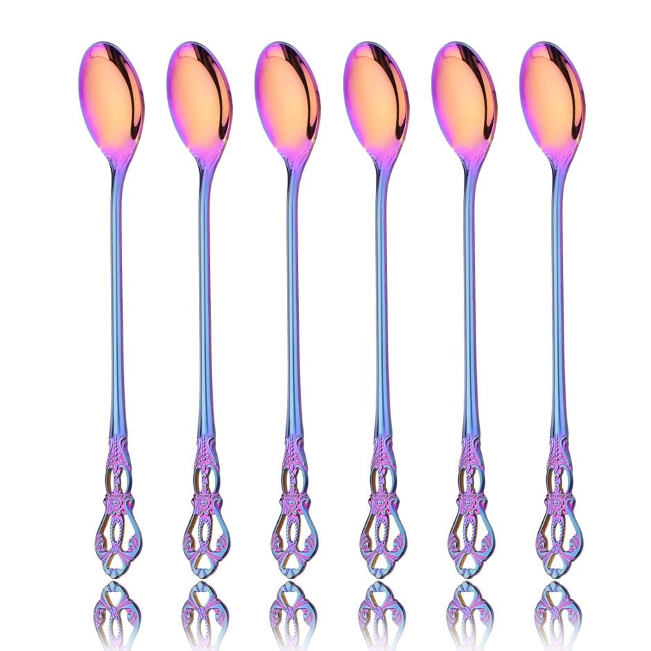 Juice Spoons Coffee Stirring Cutlery Set Colorful Teaspoon Dinnerware Ice Cream Long Handle Scoop Tableware Flatware Kitchen Tools
